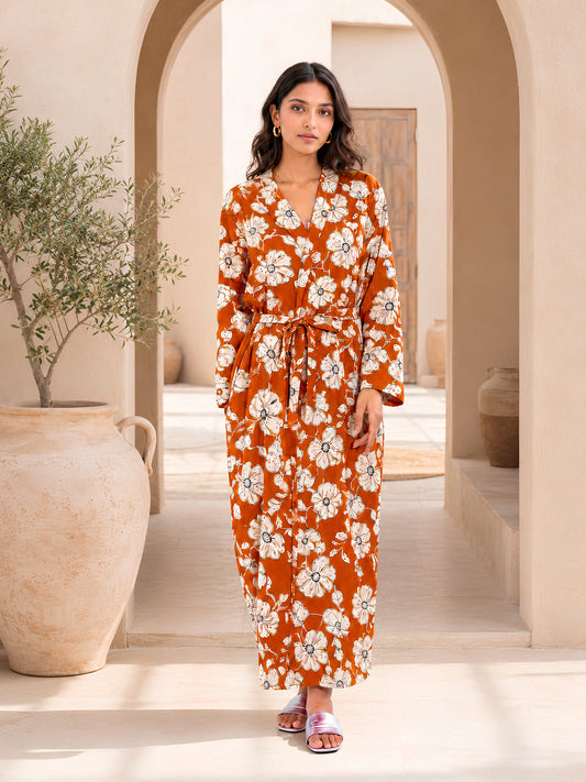 Rust Wildflower Pure Cotton Collar Robe for Women