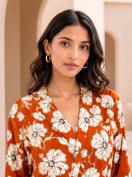 Rust Muse Pure Cotton V-Neck Midi & Shrug Set for Women