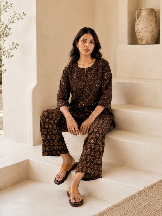 Brown Bandhani Jaal Print Pure Cotton Round neck Co-ord set