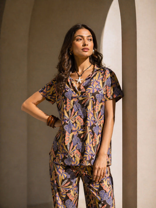 Tropical Noir Bloom Short Sleeve Co-Ord Set