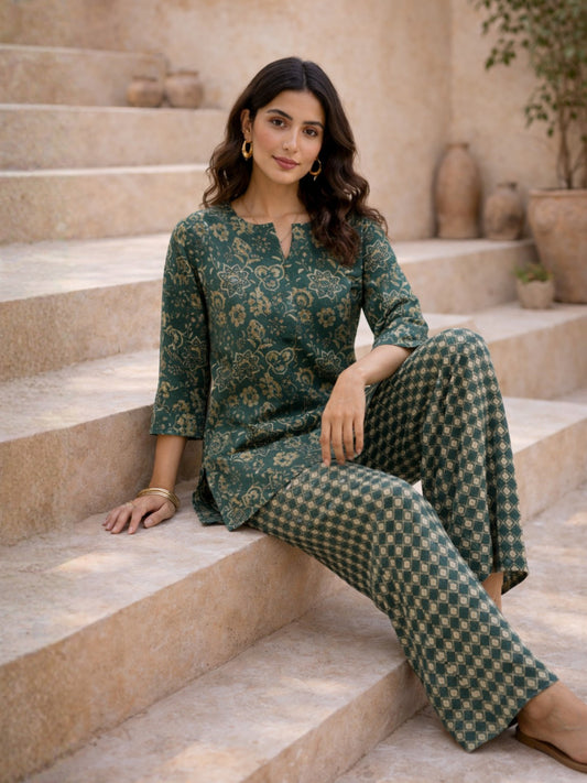 Teal Botanical Jaal Pure Cotton Round neck Co-ord set