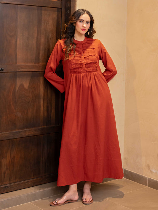 Rust Soft Crepe Pintuck Night Maxi for Women