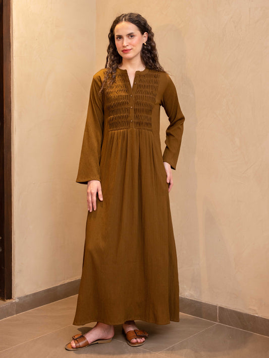 Brown Soft Crepe Pintuck Night Maxi for Women