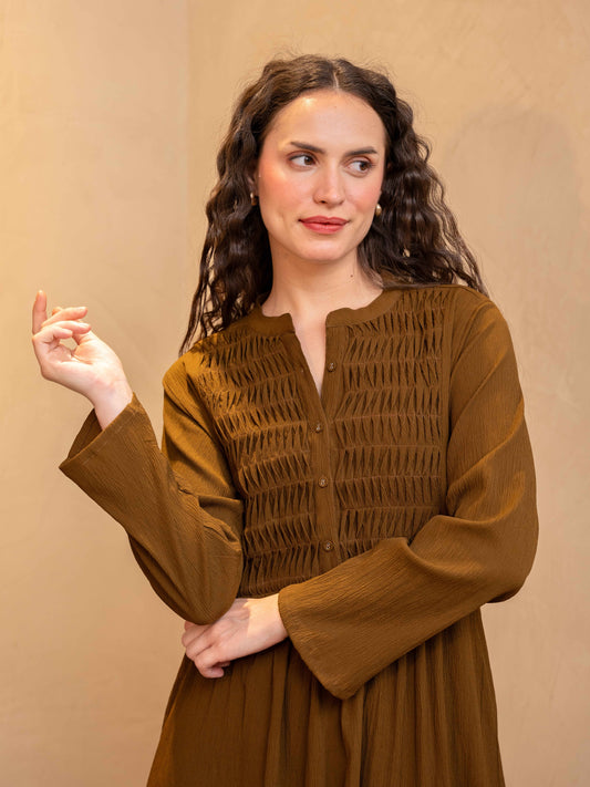 Brown Soft Crepe Pintuck Night Maxi for Women
