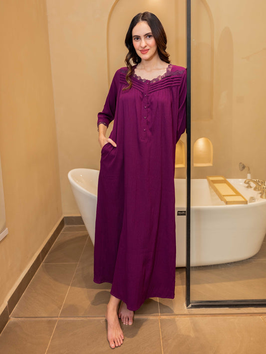 Wine Soft Crepe Button Yoke Night Maxi for Women