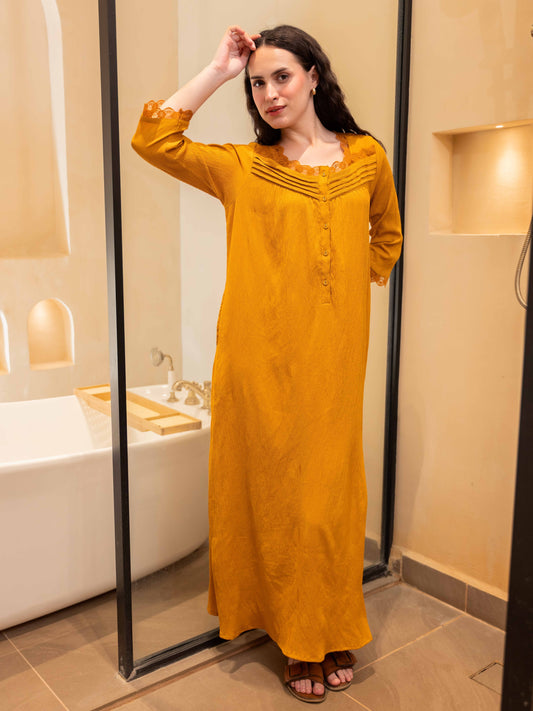 Mustard Soft Crepe Lace Yoke Night Maxi for Women