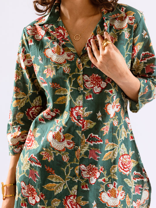 Green Leafy Charm Print Pure Cotton Collar Shirt Co-ord set