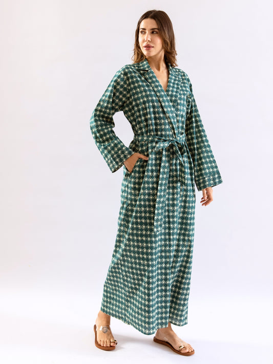 Teal ComfiMosaic Pure Cotton Collar Neck Robe