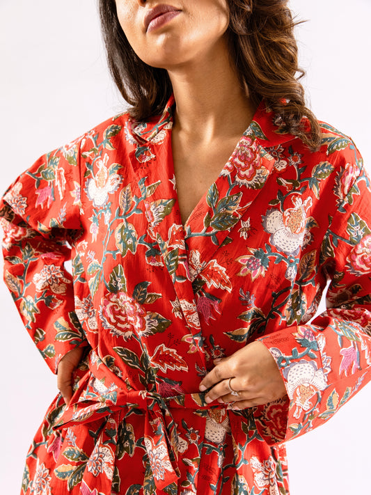 Red BloomEase Pure Cotton Collar Neck Robe