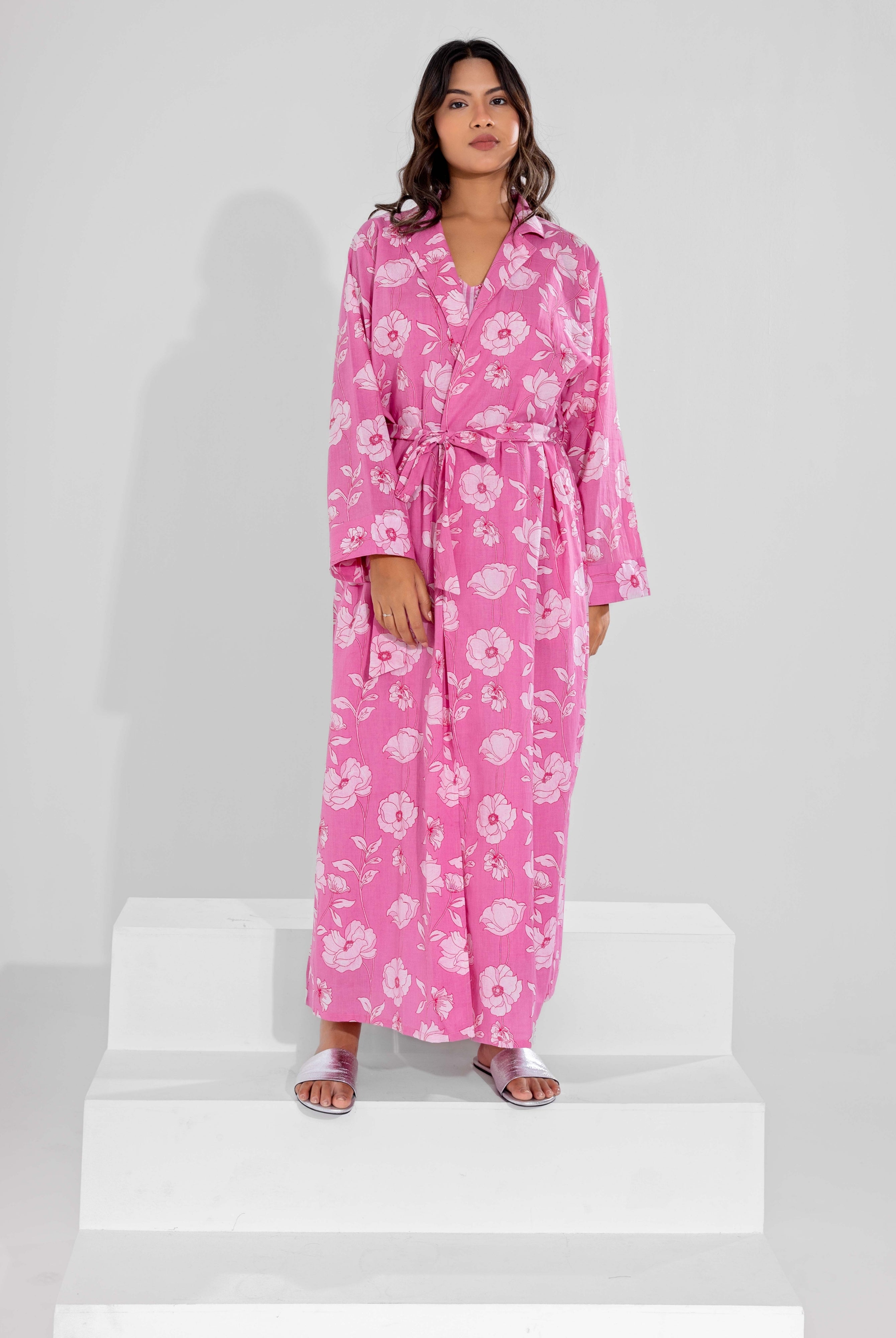 Pink soft pure cotton V - Neck Midi and Shrug