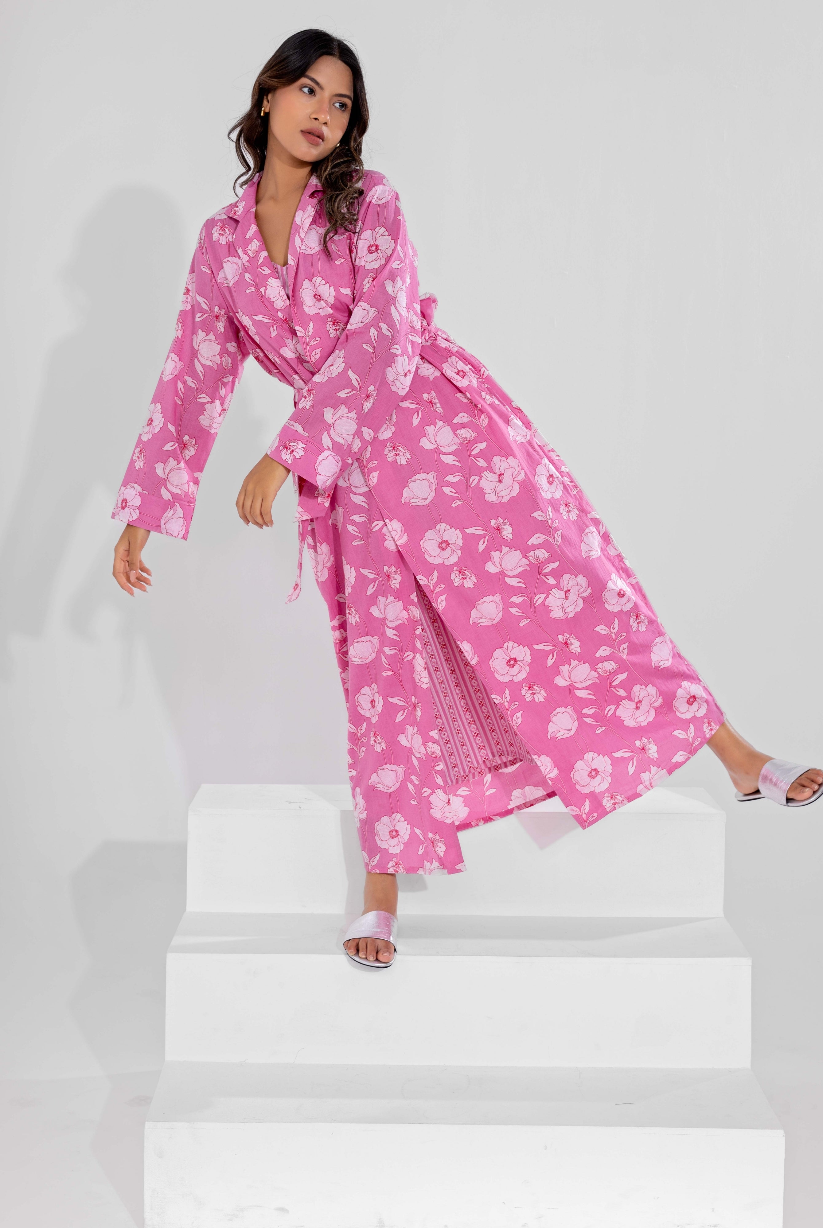 Pink soft pure cotton V - Neck Midi and Shrug