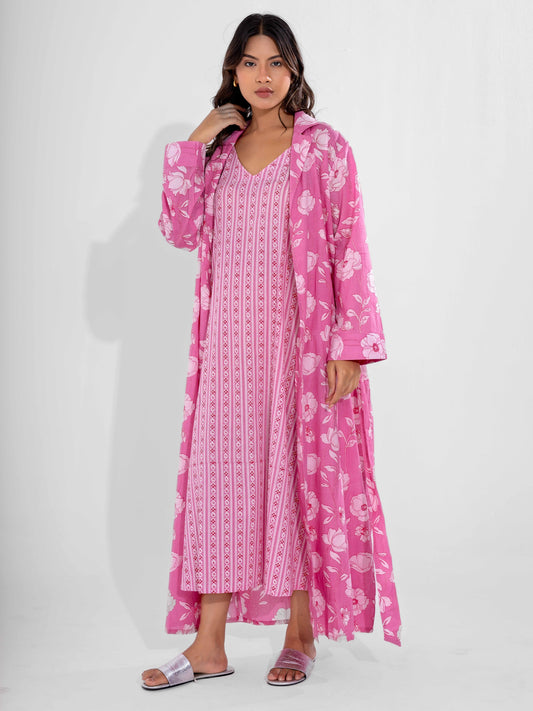 Pink Soft Pure Cotton V-Neck Midi & Shrug