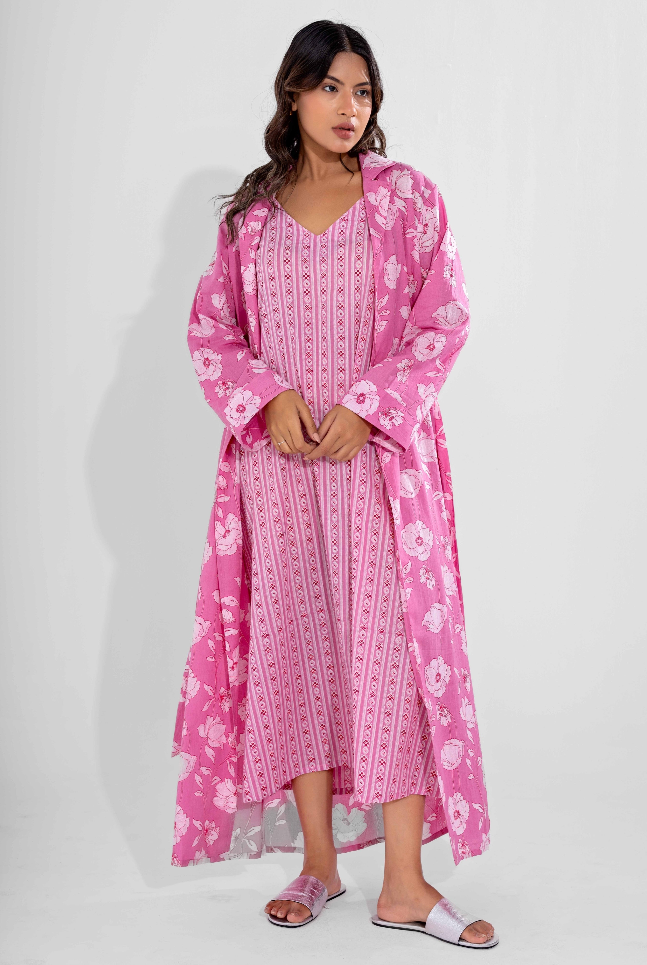 Pink soft pure cotton V - Neck Midi and Shrug from Feather Closet