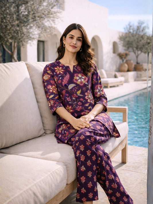 Purple Peony Pure Cotton round neck Women's Co-ord Set for Summer