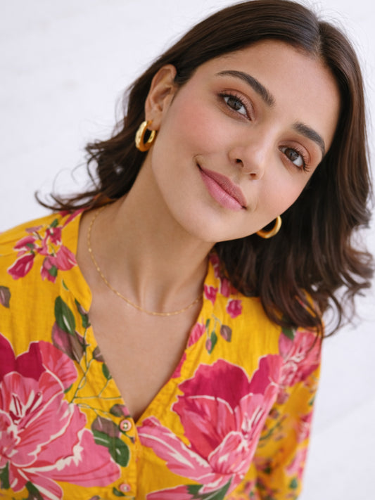 Yellow Phoolkari Pure Cotton Women's Back Pleated Co-ord Set