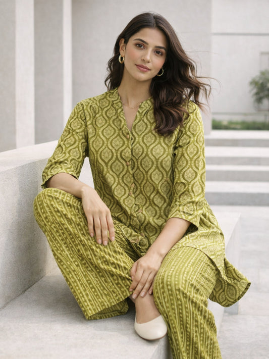 Olive Muse Pure Cotton Women's Back Pleated Co-ord Set