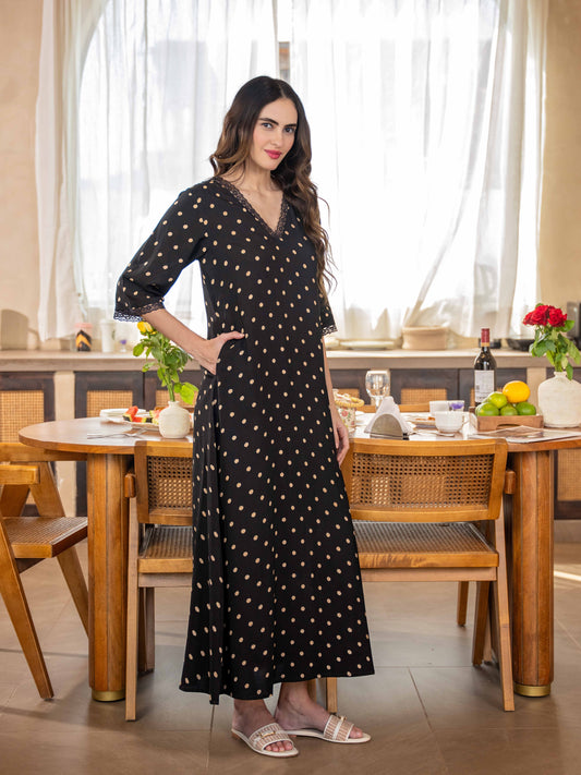 Black Polka Dot V-Neck Night Maxi for Women