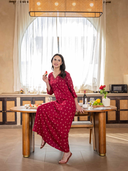 Maroon Bird Print V-Neck Night Maxi for Women