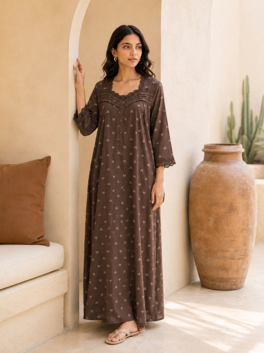 Brown Heart Print Button Yoke Night Maxi for Women