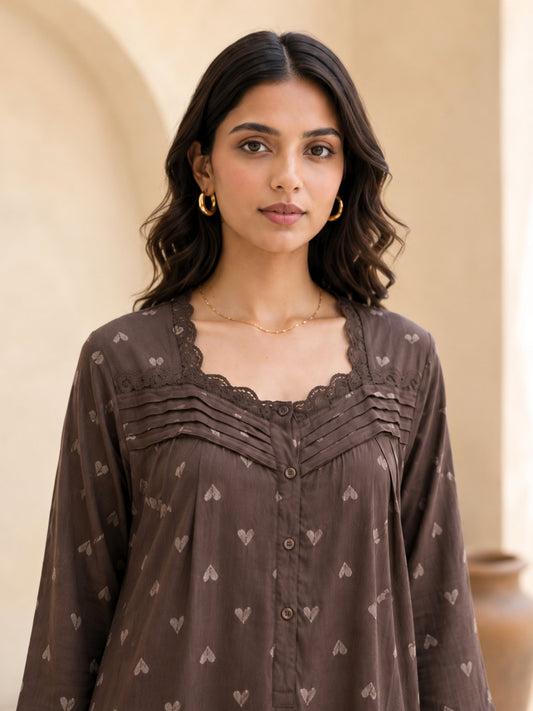 Brown Heart Print Button Yoke Night Maxi for Women