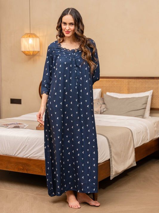 Blue Bird Print Button Yoke Night Maxi for Women