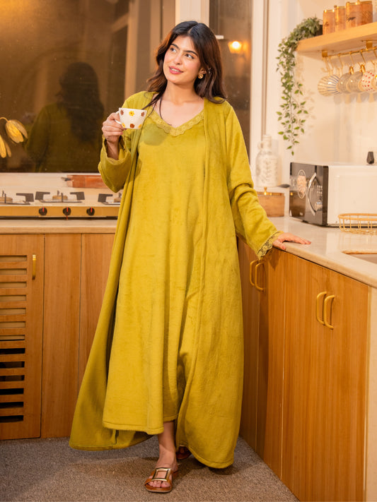 Olive Super Soft Woollen Maxi & Shrug Set