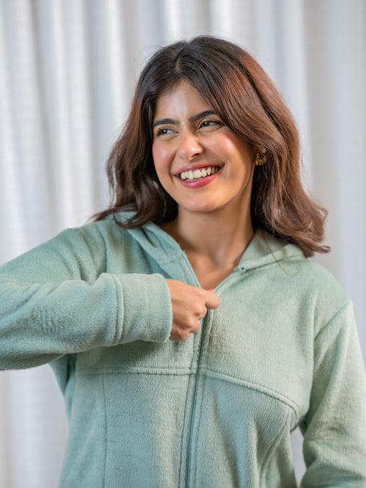 Turquoise Super Soft Woollen Zip-Up Hoodie Sweatshirt Set