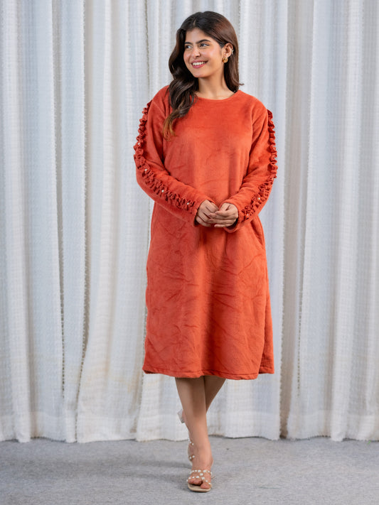 Super Soft Rust Woollen Ruffle Sleeve Midi Dress
