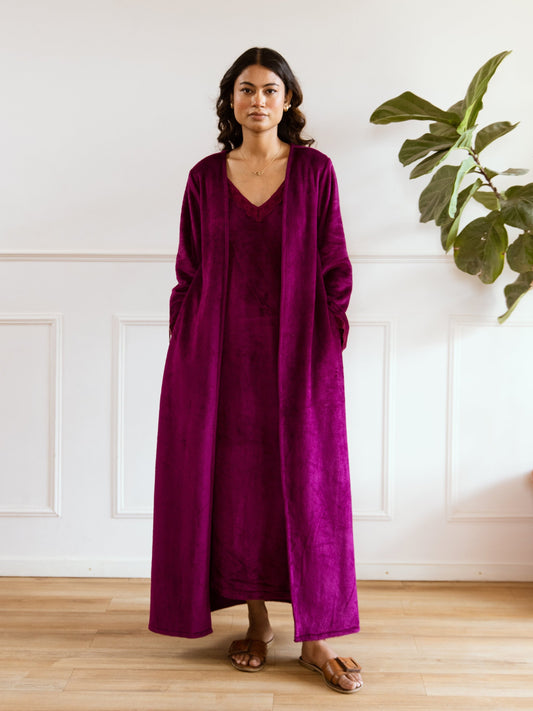 Wine Super Soft Woollen Maxi & Shrug Set