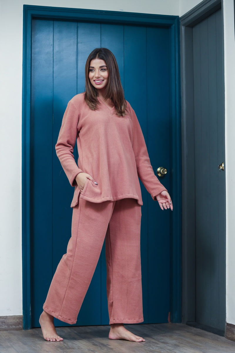 Soft Fuzzy V-Neck Loungewear Set
