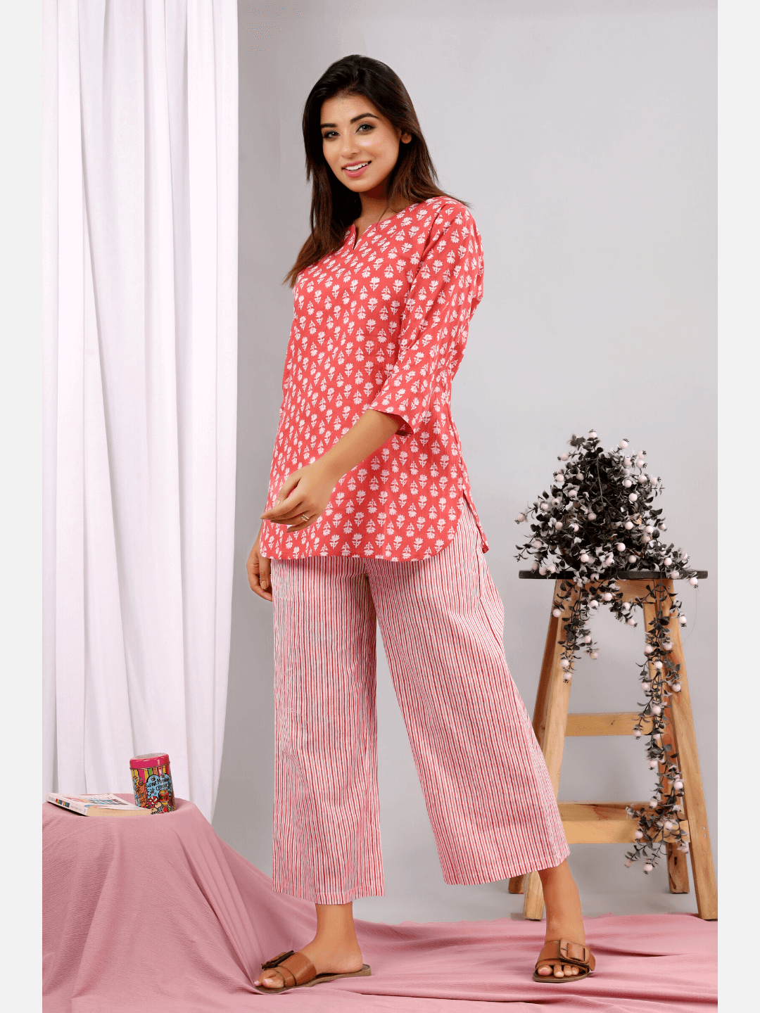 Coral Blush Block Printed Lounge Wear (6890383278277)