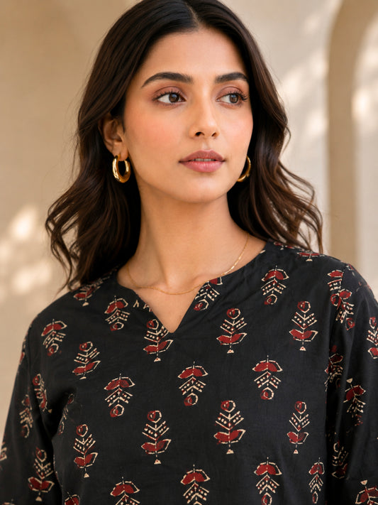 Black Hand Block Pure Cotton Lounge Wear