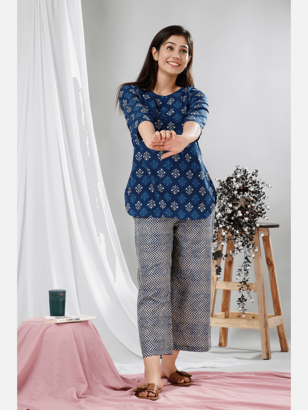 Blue Indigo Hand Block Printed Cotton Lounge Wear (6731812405445)