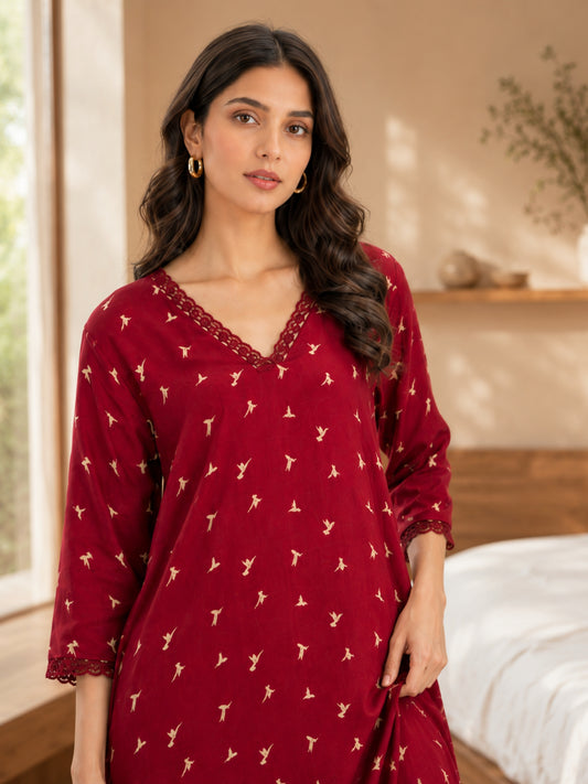 Maroon Bird Print V-Neck Night Maxi for Women