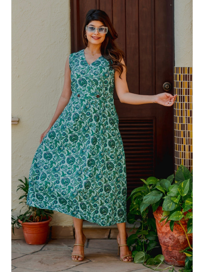 Beige & Green Cotton Floral Printed A-Line Midi Dress – Maaesa Clothing