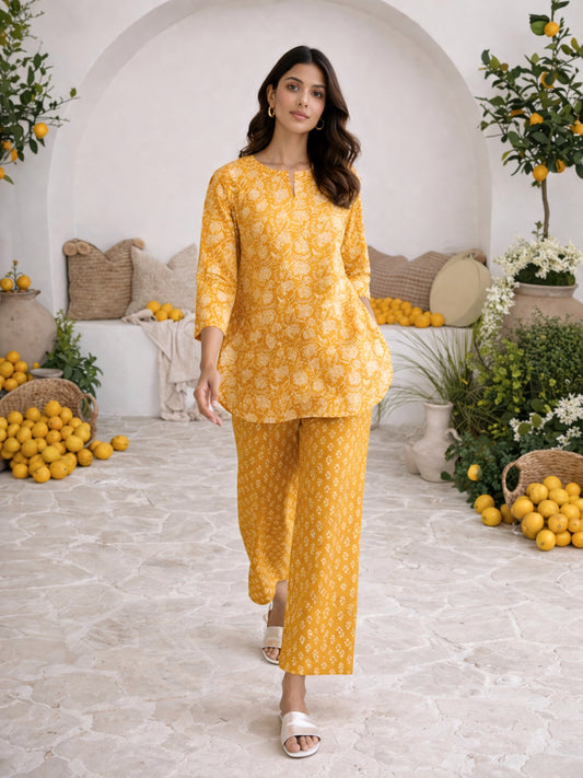 Yellow Bloomscape Print Pure Cotton Round neck Co-ord set