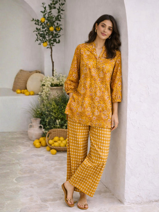 Mustard Flora Flick Pure Cotton Back Pleated Co-ord set