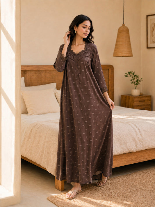 Brown Heart Print Button Yoke Night Maxi for Women
