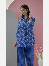 Blue Ikat Jaal Collared Pure Cotton Loungewear