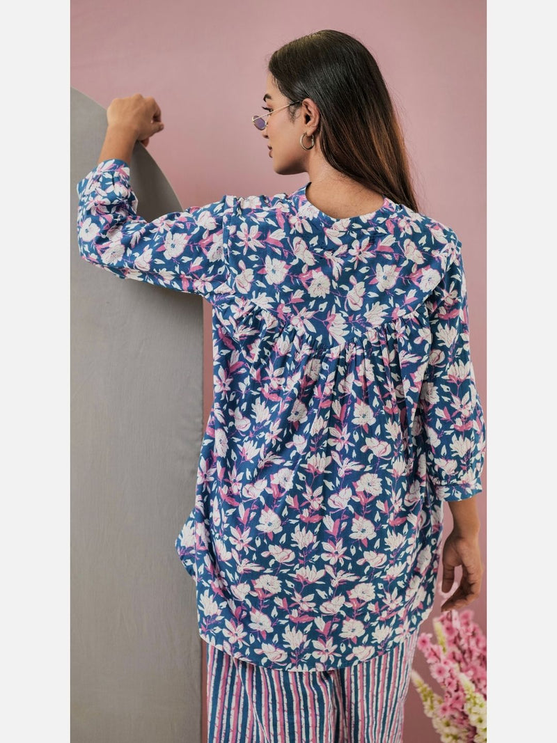 Back pleated White Pink Flower Pure Cotton Loungewear