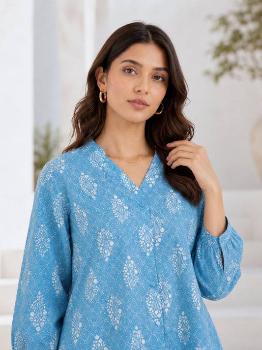 back pleated Sky Blue Pure Cotton Loungewear