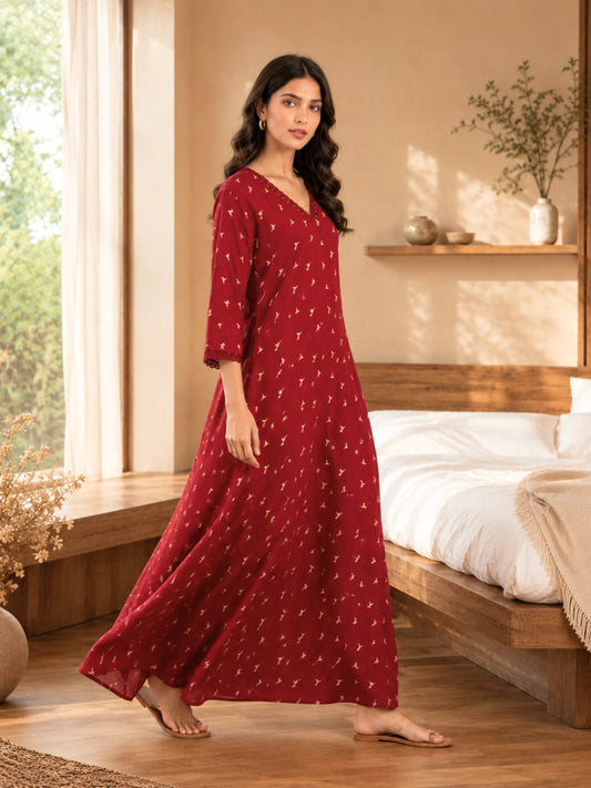 Maroon Bird Print V-Neck Night Maxi for Women