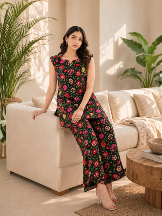 Black Floral Sleeveless Pure Cotton Loungewear