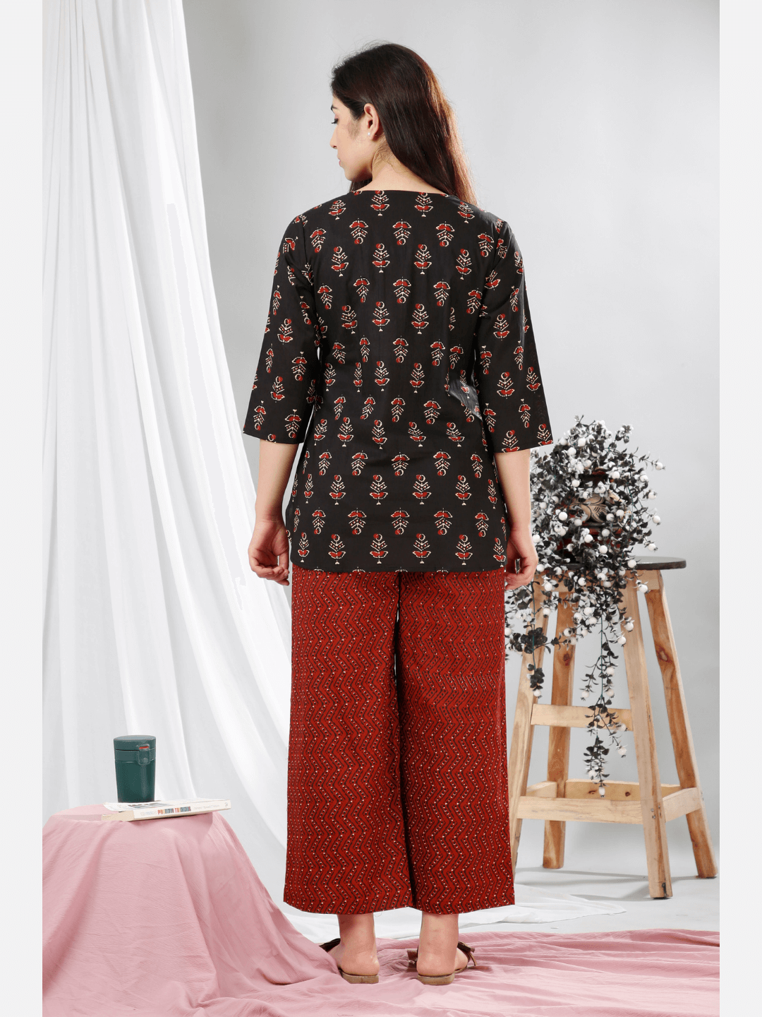 Black Hand Block Printed Cotton Lounge Wear (6731812241605)