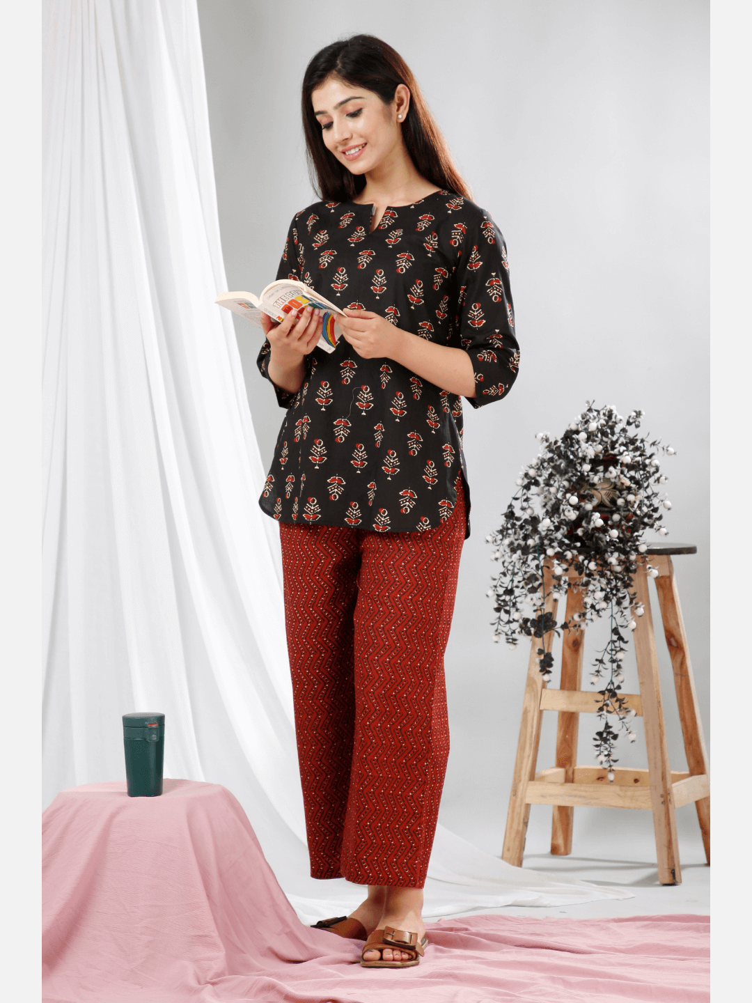 Black Hand Block Printed Cotton Lounge Wear (6731812241605)