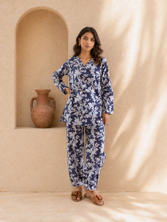 Tropical Deep Blue Jaal V-Neck Patiala Co-Ord Set