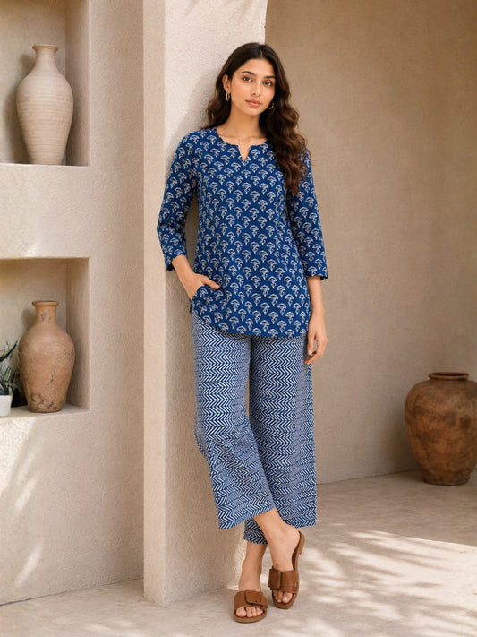 Blue Hand Block Printed Pure Cotton Lounge Wear