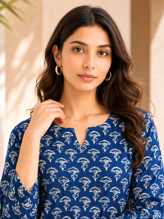 Blue Hand Block Printed Pure Cotton Lounge Wear