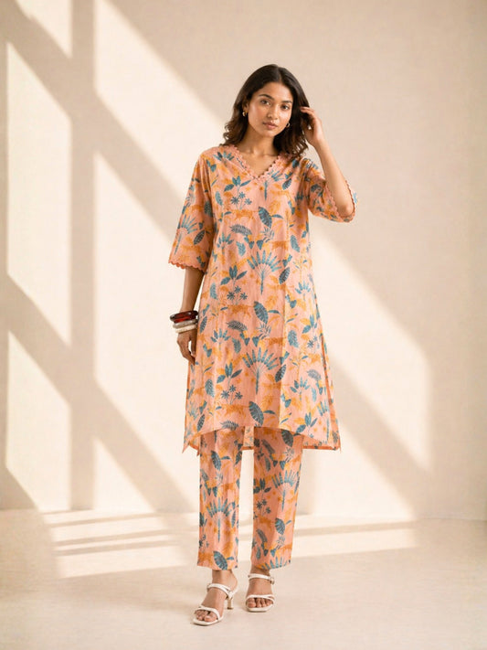Tropical Coral Haze Lace Long Co-Ord Set
