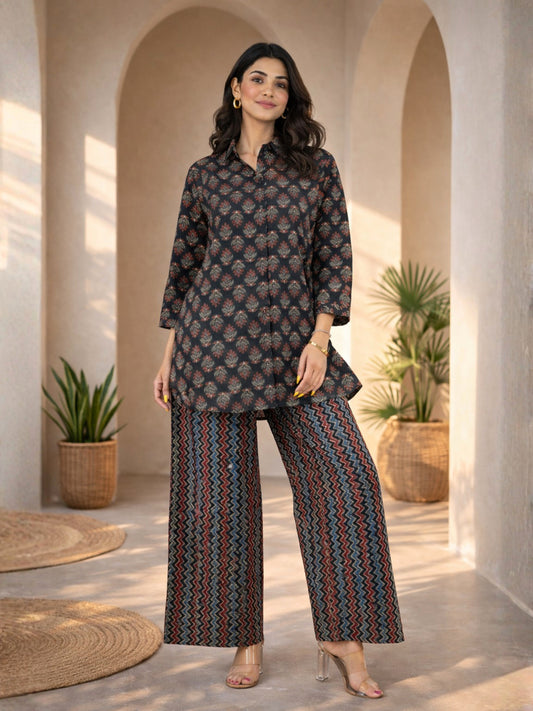 Black Maroon Collared Cotton Loungewear